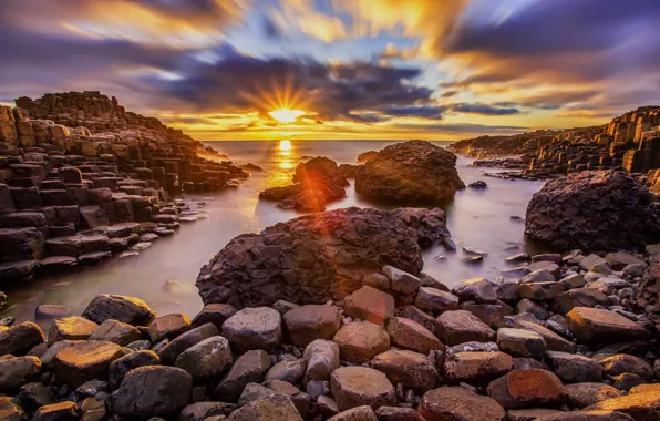 Картинка закат, камни, побережье, Ирландия, Мойл