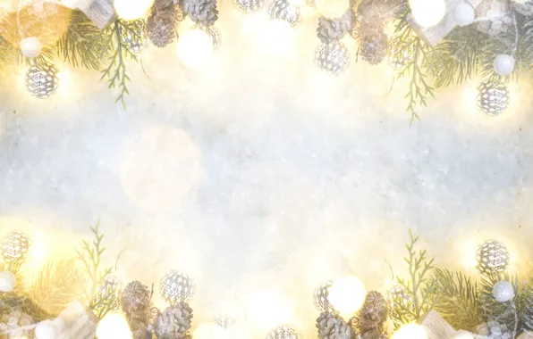 Картинка шарики, свет, снег, праздник, текстура, Рождество, Новый год, хвоя, светлый фон, гирлянды, шишки, боке, ёлочные …