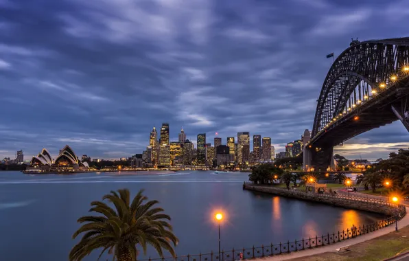 Картинка дорога, мост, город, здания, дома, вечер, освещение, Австралия, залив, Сидней, оперный театр