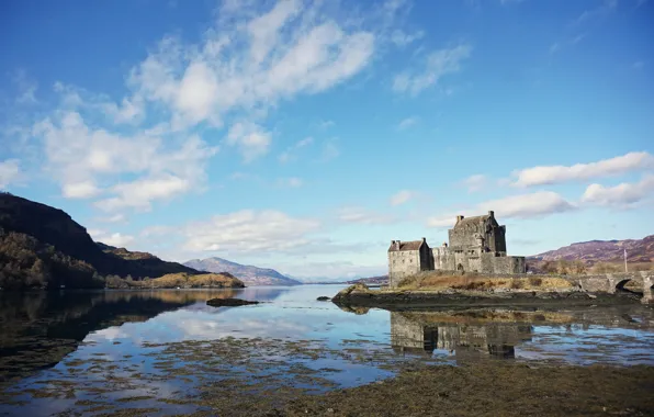 Картинка небо, замок, берег, Шотландия, водоем
