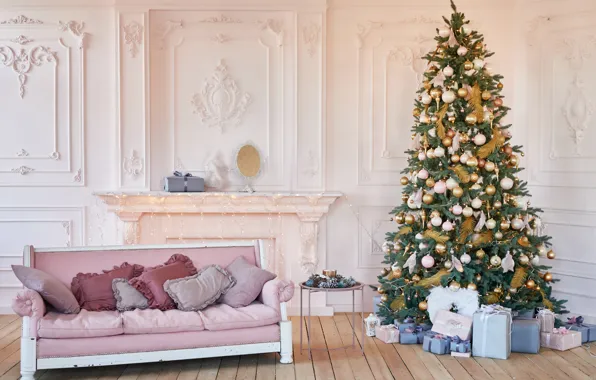 Картинка дом, праздник, елка, Рождество, подарки, украшение, гостиная, декор