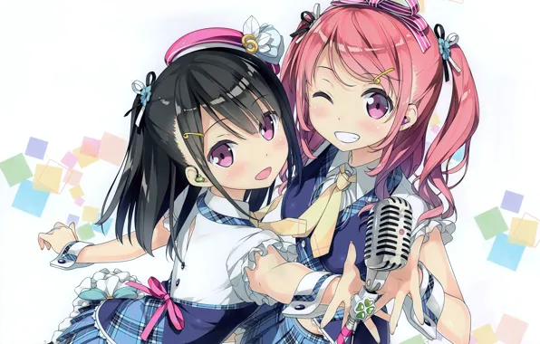 Картинка улыбка, галстук, микрофон, веселье, подмигивание, оборки, розовые волосы, два хвостика, две девочки, by Kantoku
