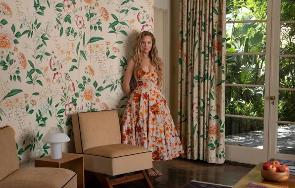 Картинка girl, dress, barefoot, interior, actress, Jennifer Lawrence