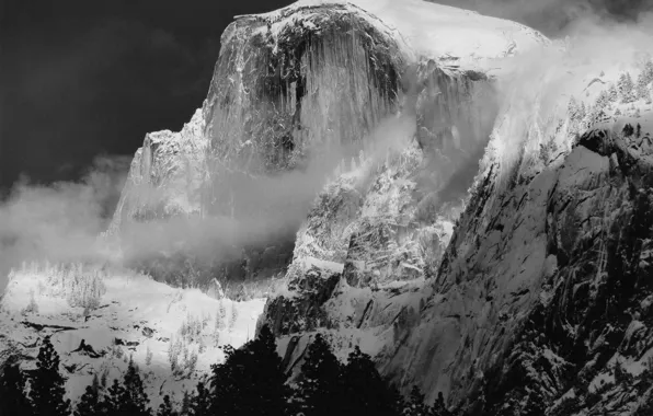 Картинка зима, снег, деревья, горы, природа, туман, скалы, черно-белое, США, Йосемити, монохром