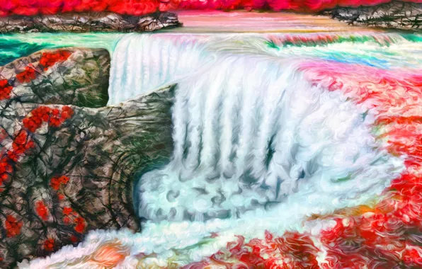 Картинка пейзаж, арт, Nina Vels, водопат, Ruby waterfall