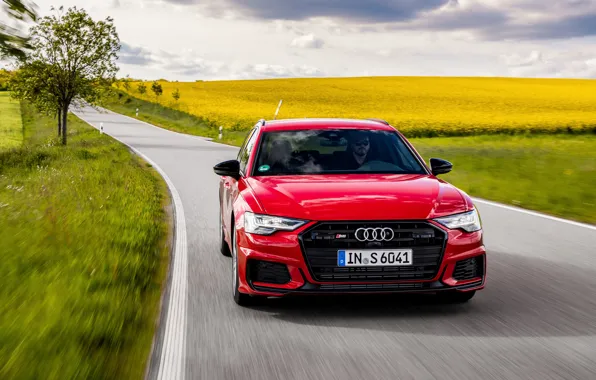 Картинка дорога, красный, Audi, поля, растения, универсал, 2019, A6 Avant, S6 Avant
