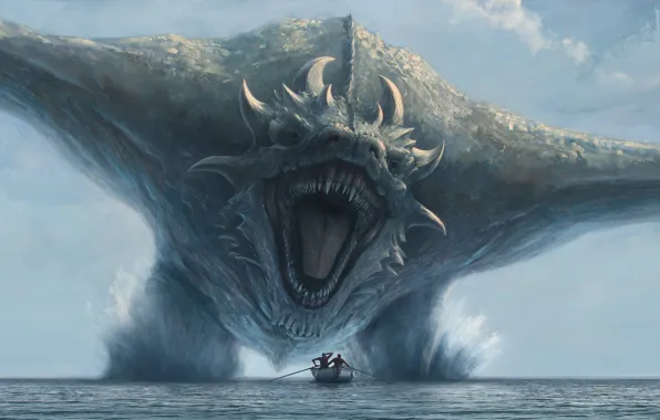 Картинка Дракон, Монстр, Лодка, Люди, Зубы, Пасть, Морское чудовище