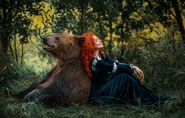 Картинка девушка, волосы, смех, медведь, рыжая