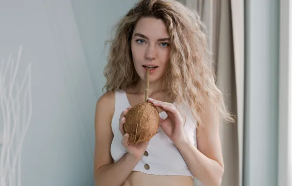 Картинка hot girl, brown hair, model, sexy woman, coconut, posing, white top, beautiful face, indoors, sexy …