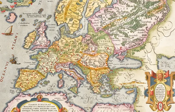 Картинка Европа, old maps, старые карты, Hand coloured engraved map, ancient Europe, Antwerpen 1603, Abraham Ortelius, …