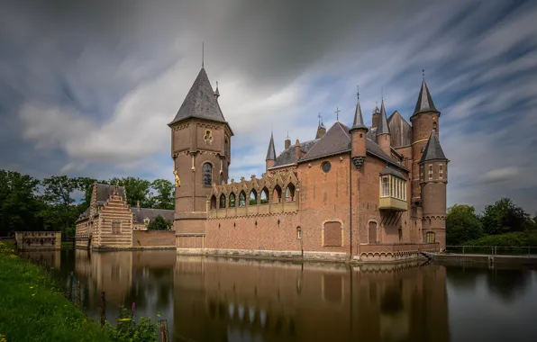 Картинка облака, озеро, отражение, замок, берег, Нидерланды, архитектура, водоем, Хесвейк