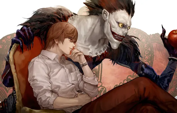 Картинка яблоко, парень, Death Note, Light Yagami, Ryuk, бог смерти