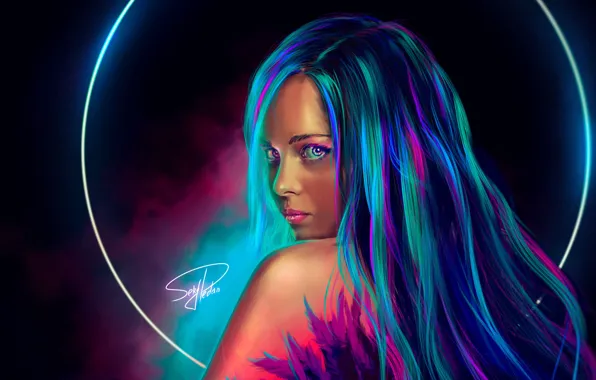 Картинка девушка, арт, girl, длинные волосы, long hair, art, неоновый свет, neon light