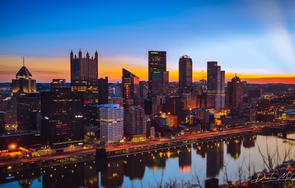 Картинка city, light, USA, twilight, river, sky, sunset, photographer, clouds, evening, buildings, Pennsylvania, cityscape, Pittsburgh, skycrapers, …