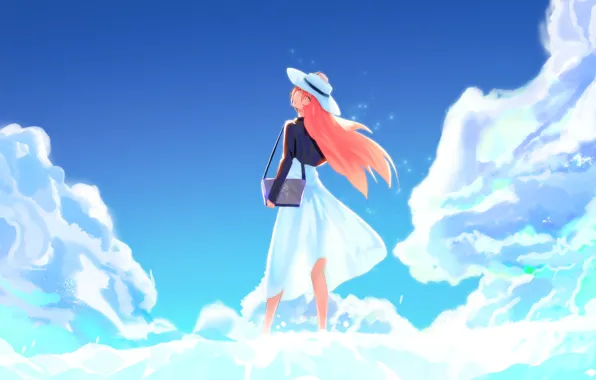Картинка лето, девушка, облака, шляпа