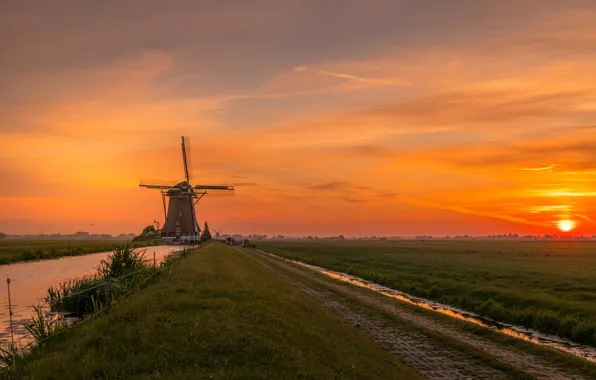 Картинка закат, канал, зарево, Нидерланды, ветряная мельница