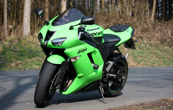 Картинка асфальт, green, мотоцикл, байк, motorcycle, superbike, sportbike, Kawasaki Ninja ZX-6R