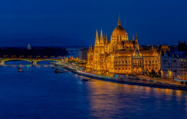Картинка мост, река, здание, архитектура, ночной город, набережная, Венгрия, Hungary, Будапешт, Budapest, Мост Маргит, Danube River, …