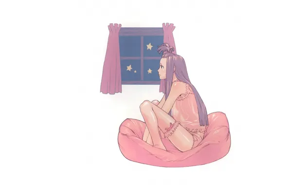 Картинка нижнее белье, подушка, у окна, фиолетовые волосы, в профиль, подвязка для чулков, by Yuusuke Kozaki, …