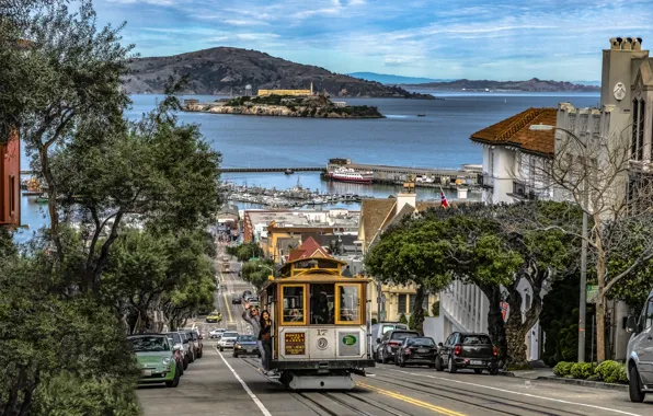 Картинка дорога, океан, улица, побережье, здания, дома, Калифорния, Сан-Франциско, трамвай, США, Hyde Street