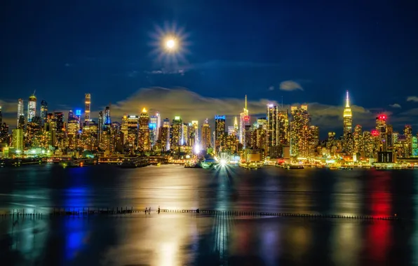 Картинка река, здания, Нью-Йорк, ночной город, Манхэттен, небоскрёбы, Manhattan, New York City, Hudson River, Река Гудзон