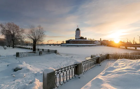 Картинка зима, небо, солнце, снег, мост, река, башня, Россия, Эдуард Гордеев