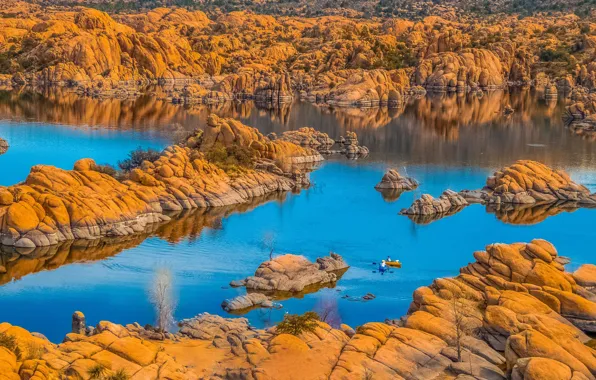 Картинка скалы, лодка, Аризона, США, озеро Уотсон