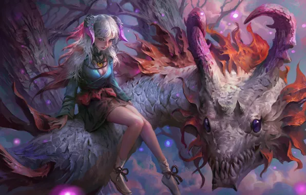 Картинка girl, fantasy, horns, legs, purple eyes, dragon, digital art, artwork, fantasy art, Elf, creature, fantasy …