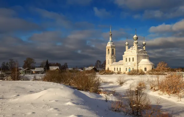 Картинка зима, снег, пейзаж, природа, село, деревня, церковь