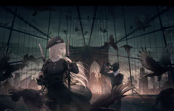 Картинка девушка, птицы, мост, вороны, мечи, seol