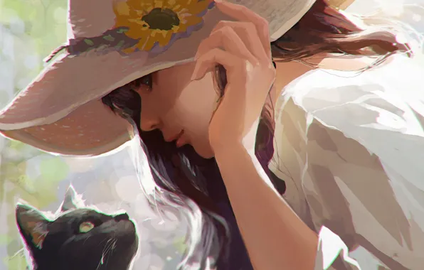 Картинка девочка, в профиль, соломенная шляпа, черная кошка, рука на голове, белая блузка, глаза в глаза, …