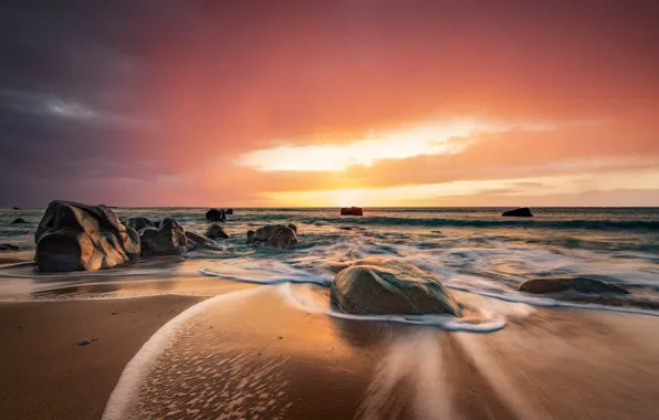 Картинка песок, море, пляж, небо, закат, камни, побережье, горизонт