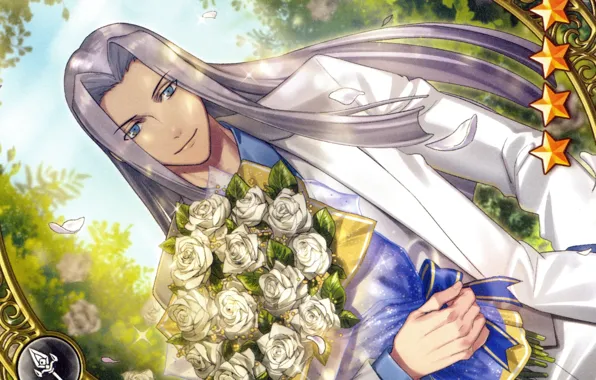 Картинка парень, голубые глаза, длинные волосы, солнечный день, белый костюм, букет роз, by Chinatsu Kurahara, otome …