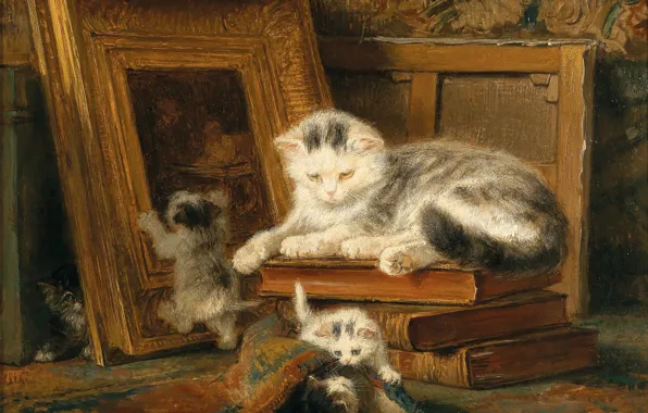 Картинка кошка, масло, котята, Henriëtte Ronner-Knip, «Hide and seek»