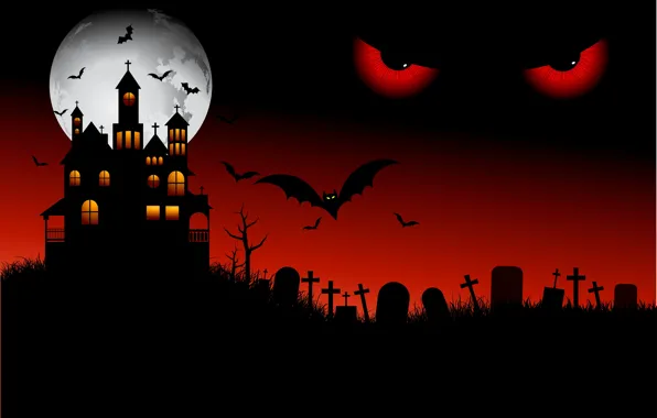 Картинка Ночь, Луна, Замок, Глаза, Halloween, Хеллоуин, Кладбище, Страшно, Летучие мыши, Страшные