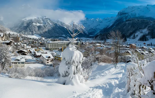 Картинка зима, снег, пейзаж, горы, природа, село, дома, Швейцария, Энгельберг