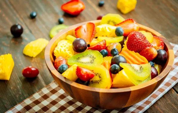 Картинка ягоды, киви, клубника, виноград, миска, фрукты, голубика, фруктовый салат