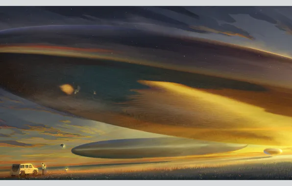 Картинка закат, НЛО, семья, MORNCOLOUR, Задача трех тел