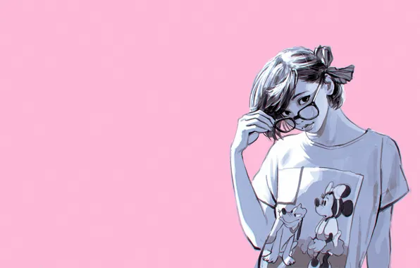Картинка футболка, розовый фон, в очках, чёлка, портрет девушки, Микки маус, Кувшинов Илья