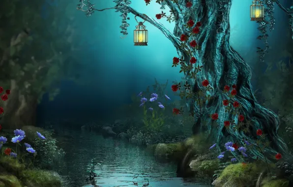 Картинка цветы, ночь, природа, ручей, фонари, волшебный лес, старое дерево