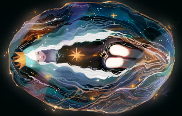 Картинка звезды, длинные волосы, в воде, колени, mermaid, by Aki_a0623, коронв, морская царевна