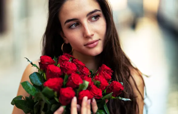 Картинка взгляд, девушка, цветы, лицо, розы, Marco Squassina, Clizia