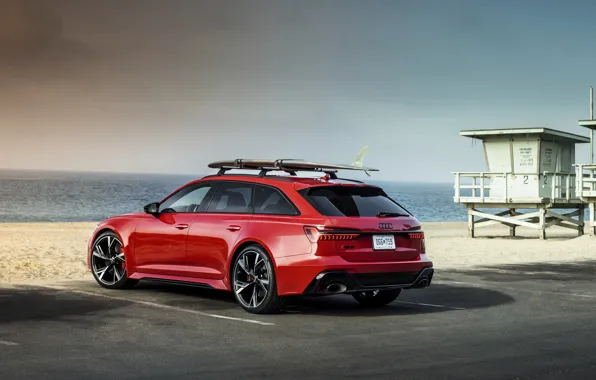 Картинка песок, пляж, красный, Audi, стоянка, универсал, RS 6, 2020, 2019, V8 Twin-Turbo, RS6 Avant