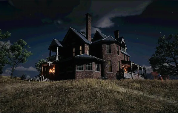 Картинка HDR, House, Clouds, Sky, Stars, Game, Villa, Trees, UHD, Red Dead Redemption 2, Xbox One …