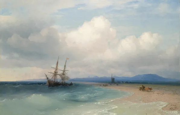 Картинка корабль, картина, мельница, повозка, морской пейзаж, Иван Айвазовский, 1872, Плавание у Крымских Берегов