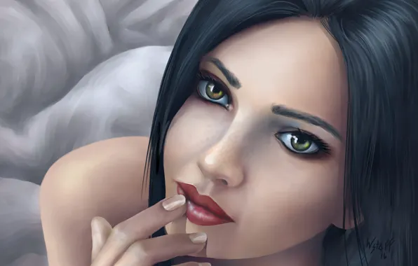 Картинка Girl, green eyes, art, lips, brunette, digital art, black hair, mouth, lipstick, finger on lips, …