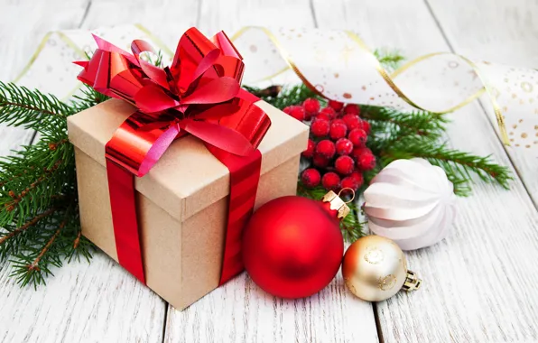 Картинка украшения, подарок, шары, Новый Год, Рождество, christmas, balls, merry, decoration, gift box, fir tree, ветки …