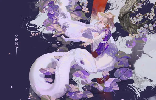 Картинка девушка, пруд, змея, Touhou Project, Suwako Moriya