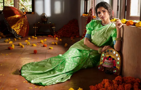 Картинка girl, flower, beauty, pose, bollywood, sari, traditional, Vartika singh, green saree