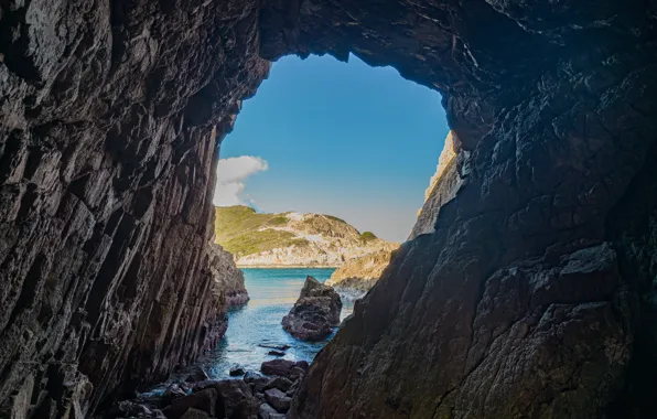 Картинка море, горы, скала, синева, камни, скалы, берег, вид, арка, пещера, отверстие, вход, свод